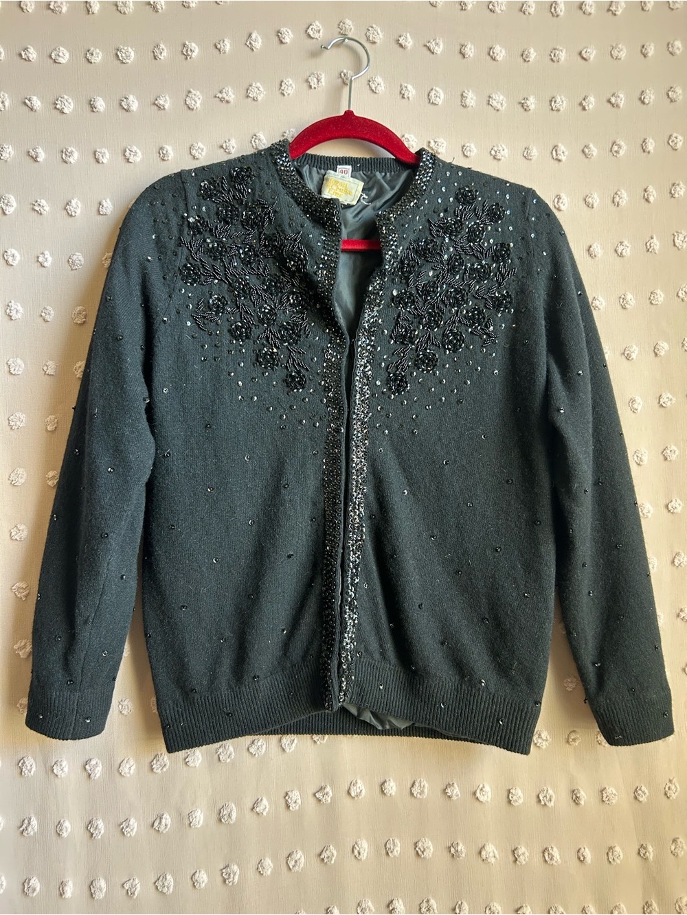 Vintage Angora Wool Beaded Floral‎ Design Cardigan Sweater Sz 40 Black